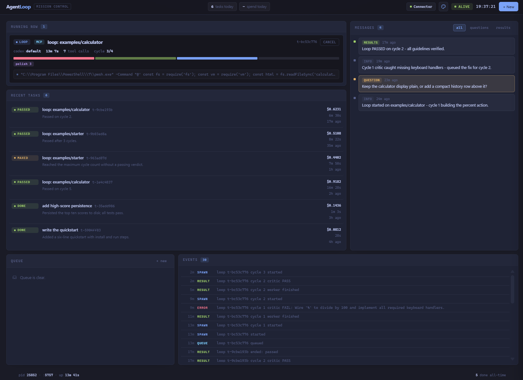 AgentLoop dashboard showing running cycles, verdicts, and task history